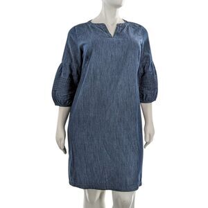 Talbots Woman 14W Blue Chambray Dress Pleated Sleeve Accent Minimalist Casual